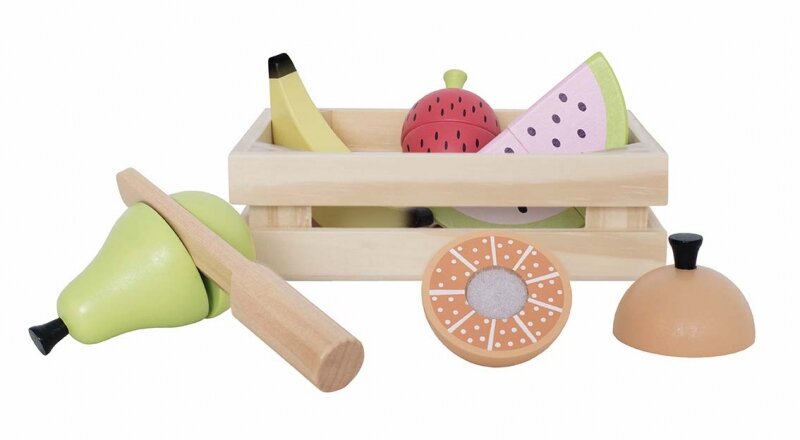 Houten snijfruit in krat (12 delig)