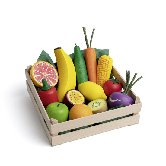 Gesorteerd houten groente en fruit in een XL marktkrat (15 delig)