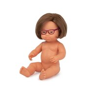Blank babymeisje met het syndroom van Down en een bril (38 cm) naakt