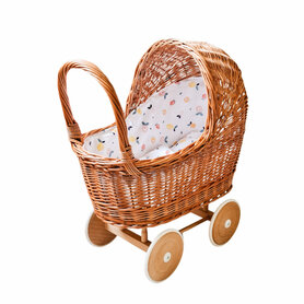Rieten Poppenwagen met kap en Summer Fruit bekleding